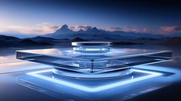 AI generated Futuristic blue glow presentation podium on serene landscape backdrop for events photo