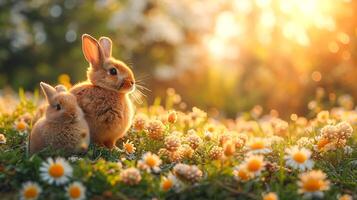 ai generado adorable conejitos en iluminado por la puesta de sol prado con margaritas, Perfecto para Pascua de Resurrección, primavera fondos de pantalla, y animal calendarios foto