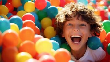 AI generated Happy child submerged in vibrant ball pit, ideal for lively kids' play area presentations. photo