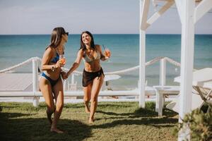 Smiling young women in bikini enjoying vacation on the beach photo