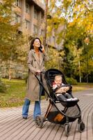 Young woman with cute baby girl in baby stroller using mobile phone at the autumn park photo