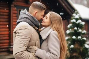 AI Generated Affectionate young romantic positive cheerful happy couple winter dating boyfriend girlfriend kissing hugging. Xmas Christmas New Year holidays celebration together relationships love photo