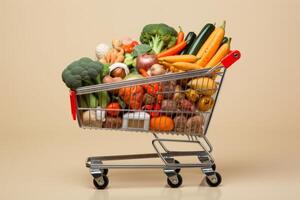 AI Generated Grocery store cart basket fresh vegetables shopping fruits natural farmer diet groceries food freshness handful clean cultivated juicy vegetable fit organic healthy vitaminized products photo