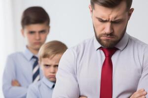 ai generado retrato infeliz irritado enojado maduro padre estricto papá regaño trastornado travieso resentido hijos Deprimido Niños hogar. emocional conversacion difícil paternidad colegio problemas malo prueba foto