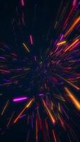 Vertical video - exploding glowing neon multicolored digital data particles swirling at high speed. Super fast particle animation.