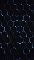 verticale vidéo - futuriste hexagones nid d'abeille surface Contexte avec embrasé bleu néon lumière. plein HD et boucle élégant La technologie mouvement Contexte animation. video