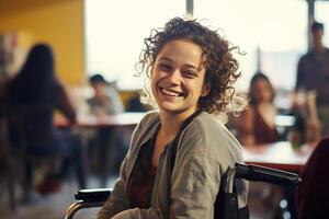 AI generated young disabled girl sitting on wheelchair bokeh style background with generative ai photo