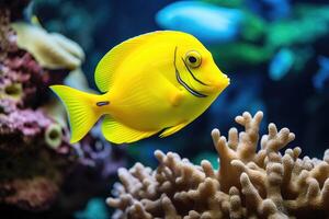 AI generated Yellow tang fish on coral reef photo