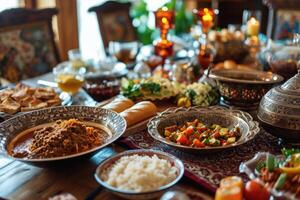 AI generated Ramadan kareem Iftar party table with assorted festive traditional Arab dishes photo