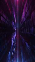 Vertical video - a glowing neon colored blue and pink grid network of blinking digital data lights and particles. Communications concept technology motion background.