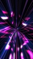 Vertical video - abstract shiny neon colored pink and blue liquid light beams and glowing particles flying towards the camera. Vibrant, energetic VJ motion background.