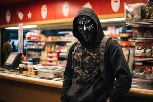 AI generated Thief robbing supermarket bokeh style background with generative ai photo