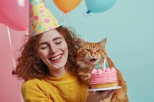 ai generado un mujer celebrando su gato cumpleaños con generativo ai foto