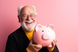 AI generated old man holding piggy bank with generative ai photo