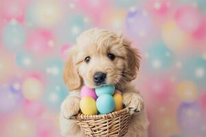 AI generated a cute puppy with colorful pastel easter eggs basket with generative ai photo