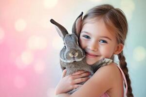 AI generated young girl kid cuddling a cute bunny bokeh style background with generative ai photo