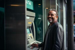 AI generated a middle age man using an atm machine bokeh style background with generative ai photo