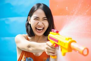 ai generado un mujer jugando agua pistola a Songkran día con generativo ai foto