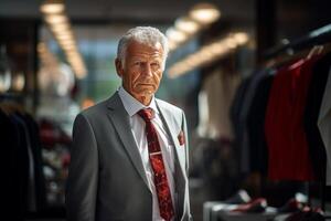 AI generated elderly entrepreneur standing in suit shop bokeh style background with generative ai photo