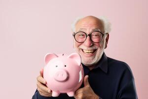 AI generated old man holding piggy bank with generative ai photo