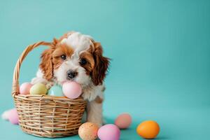 AI generated a cute puppy with colorful pastel easter eggs basket with generative ai photo