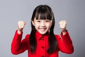 ai generado chino nuevo año joven niña vistiendo qipao vestir y sonriente con generativo ai foto