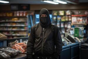 AI generated Thief robbing supermarket bokeh style background with generative ai photo