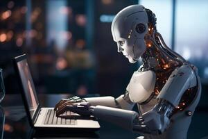 AI generated robot working with laptop bokeh style background with generative ai photo