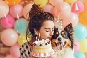 AI generated a woman celebrating her dog birthday with generative ai photo