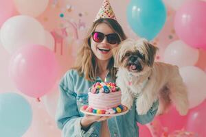 ai generado un mujer celebrando su perro cumpleaños con generativo ai foto