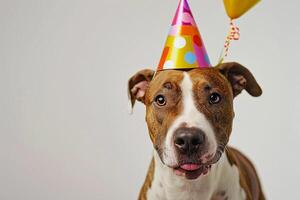 ai generado un perro vistiendo un cumpleaños sombrero con generativo ai foto