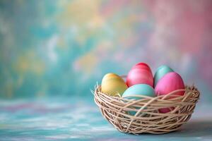 AI generated colorful pastel easter eggs basket bokeh style background with generative ai photo