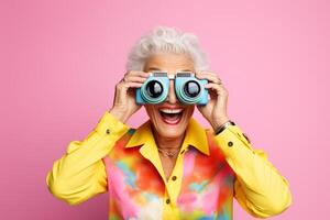 ai generado un antiguo mujer mirando mediante prismáticos con generativo ai foto