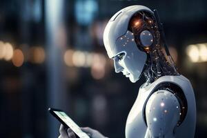 AI generated robot using phone with laptop bokeh style background with generative ai photo