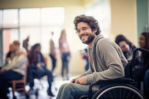 AI generated young disabled man sitting on wheelchair at the hospital bokeh style background with generative ai photo