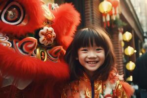 AI generated chinese dragon dance with young girl kid with generative ai photo