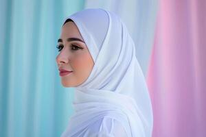 ai generado hermosa árabe musulmán mujer vistiendo blanco hijab con generativo ai foto