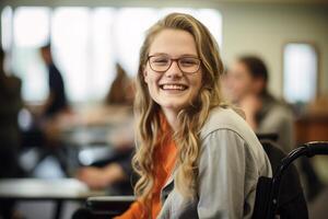 AI generated young disabled girl sitting on wheelchair bokeh style background with generative ai photo