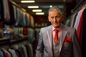 AI generated elderly entrepreneur standing in suit shop bokeh style background with generative ai photo