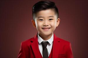 AI generated chinese new year young boy wearing suit and smiling with generative ai photo