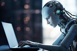 AI generated robot working with laptop bokeh style background with generative ai photo