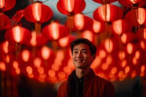 AI generated handsome chinese man celebrate at chinese lantern festival bokeh style background with generative ai photo