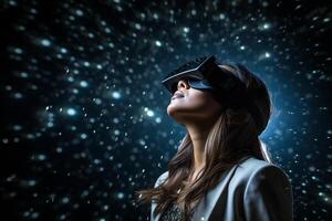 AI generated businesswoman wearing vr glasses looking at the night sky star with generative ai photo