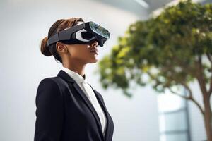 AI generated businesswoman wearing vr glasses looking at nature view bokeh style background with generative ai photo