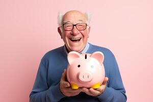 AI generated old man holding piggy bank with generative ai photo