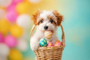 AI generated a cute puppy with colorful pastel easter eggs basket bokeh style background with generative ai photo