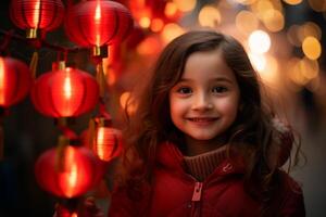 AI generated chinese young girl kid celebrate at chinese lantern festival with generative ai photo