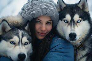 ai generado joven mujer abrazando con su perros esquimales perro con generativo ai foto