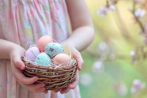 AI generated young girl hand holding colorful pastel easter eggs basket bokeh style background with generative ai photo