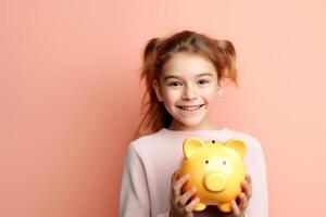 ai generado un joven niña participación cerdito banco con generativo ai foto